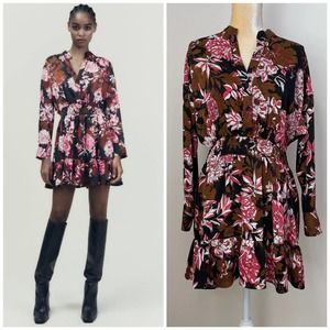 NWT ZARA Floral Printed Long Sleeve Dress Size M Multicolor Fit & Flare